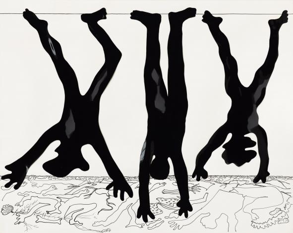 Kiki Kogelnik, « Sans titre (Suspensions) », c. 1970. Feuille de vinyle et encre de Chine sur papier 58 x 74 cm. © 1970 Kiki Kogelnik Foundation. Tous droits réservés.